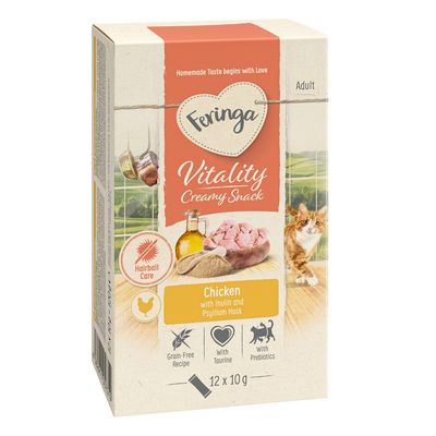 Feringa Vitality krémes snack felnőtteknek, csirke ízű inulinnal és útifűmaghéjjal. Gabonamentes, taurinnal, prebiotikummal és szőrlabda ápolással. Csomagméret: 12 x 10 g.