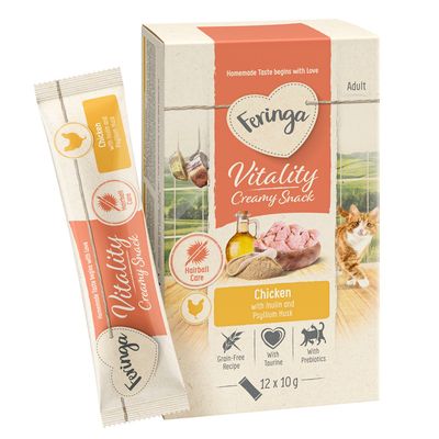 Feringa Vitality krémes snack macskáknak, csirke ízű inulinnal és útifűmaghéjjal. Gabonamentes, taurinnal és prebiotikummal. Szőrlabda ápolás, csomag 12 x 10 g.