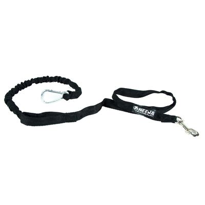Neewa correa para perros de nailon negro con sección elástica, mosquetón y clip metálico. Apta para actividades al aire libre.