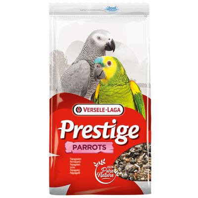 Versele-Laga Prestige Parrots, papagáj eledel 100% Pure Nature. A csomagoláson szürke és zöld papagáj, valamint magkeverék látható.