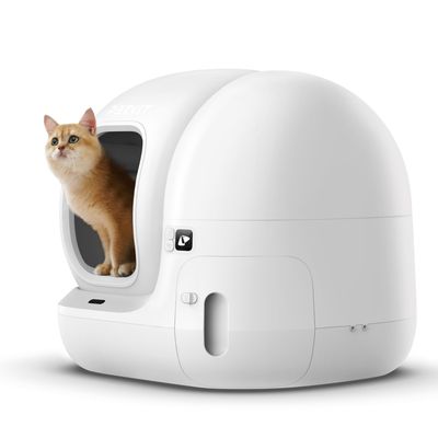 Automatyczna toaleta dla kota PETKIT w kolorze białym, z kotem przy wejściu. Widoczne elementy sterujące i szczeliny do czyszczenia i wentylacji.