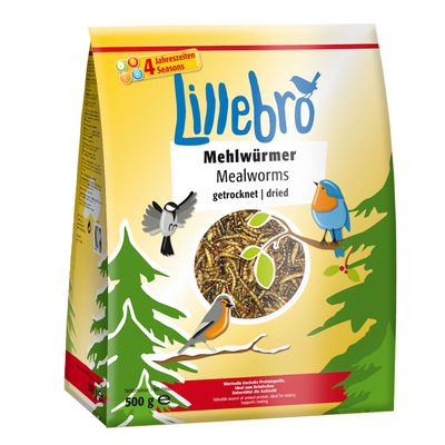 Lillebro Mehlwürmer Mealworms getrocknet dried, 500 g csomag szárított lisztkukac madáreleség. 4 Jahreszeiten Seasons felirat látható a csomagoláson.