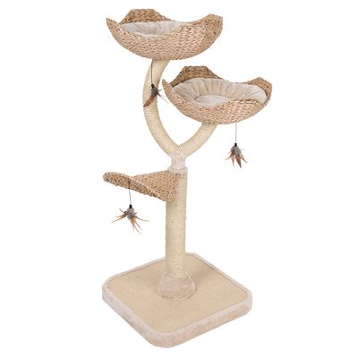 Multi-level scratching post with two woven baskets, one platform, hanging feather toys, and a sisal-wrapped base for climbing, resting, and play.