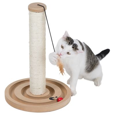 Scratching post with sisal column, wooden base with play track and red ball. Cat plays with feather on string.