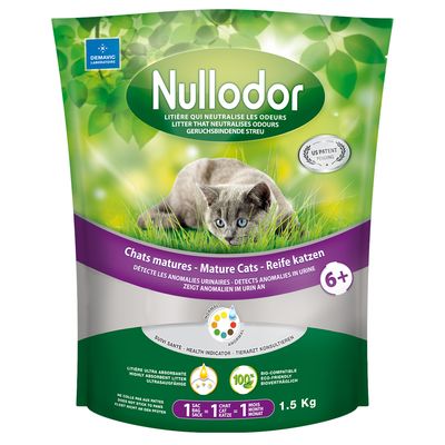 Nullodor geruchsbindende Streu für reife Katzen ab 6+, zeigt Anomalien im Urin an, ultra absorbierend, bioverträglich, 1,5 kg Beutel, Gesundheitsindikator enthalten.
