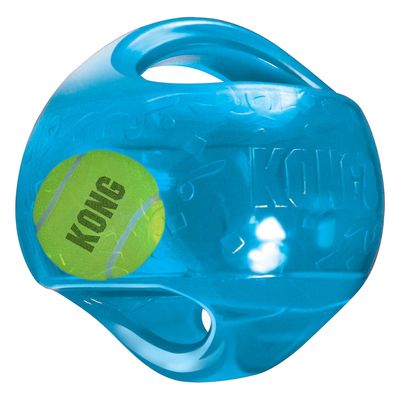 Pelota de juego KONG azul con pelota de tenis verde integrada, apta para juego interactivo. Nombre de la marca visible: KONG.