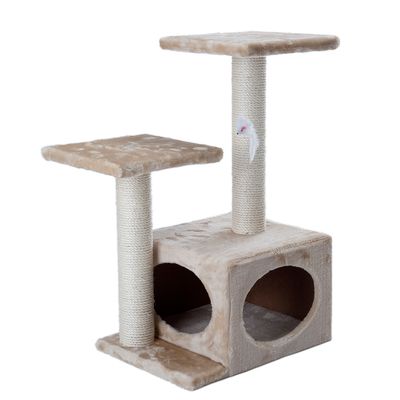 Cat tree with two platforms, cave and toy mouse. Cat playing with the mouse on the top platform.