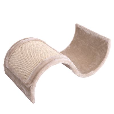 Scratching furniture made of beige plush with curved shape and integrated sisal area for scratching.