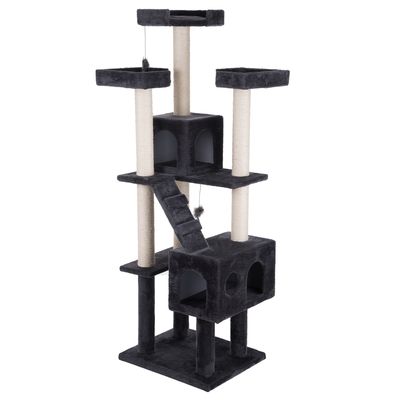 Cat tree with multiple levels, caves and sisal posts. Black and white cat sitting on a platform. Toy pendant visible.
