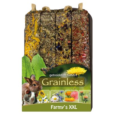 Opakowanie Farmy's XXL Grainless, widoczne cztery pałeczki z suszonymi ziołami i kwiatami, zdjęcia królika, świnki morskiej oraz roślin. Tekst: getreidefrei füttern, Grainless, Farmy's XXL.