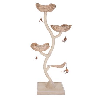 Cat tree with four levels made of woven natural material, hanging feather toys and stable base.