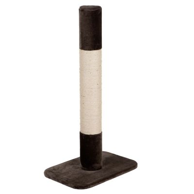 Cat tree with black base and sisal post, a cat sitting on top. Suitable for scratching and climbing.
