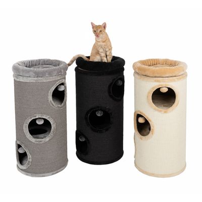 Three scratching posts in grey, black and beige with multiple openings and built-in play balls. A cat is sitting on top of the black post.