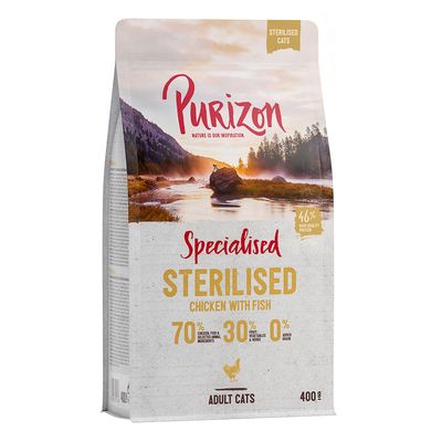 Purizon Specialised Sterilised Chicken with Fish, 70% mięsa i ryb, 30% warzyw i ziół, 0% zbóż, dla kotów sterylizowanych, 46% wysokiej jakości białka, opakowanie 400g.
