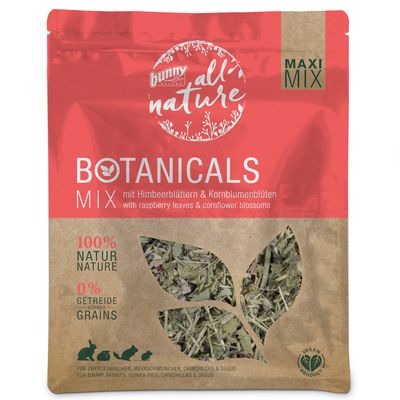 bunny all nature Botanicals Mix, 100% Natur, 0% Getreide, MAXI MIX, mit Himbeerblättern & Kornblumenblüten, vegan termék, törpenyúl, tengerimalac, csincsilla, degu számára