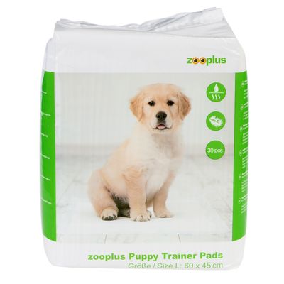 zooplus Puppy Trainer Pads, L méret: 60 x 45 cm, 30 darab. Csomagolás zöld szimbólumokkal: nedvszívó, szagtalan, puha.