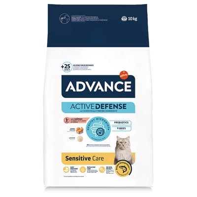 Advance Active Defense Sensitive Care para gatos, Microbiota Sana, 3 kg. Texto visible: 'con ingredientes científicamente probados'. Imagen de un gato en el envase.