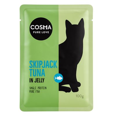 Cosma Pure Love Skipjack Tuna in Jelly, egyféle fehérje, tiszta hal, 100g. Csomagolás macska sziluettjével.