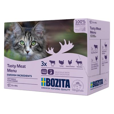 Bozita Tasty Meat Menu, 12x85g, bez žitarica, 100% životinjski protein. Okusi: govedina, puretina, dodatna piletina, sob. Švedski sastojci za laku probavu.