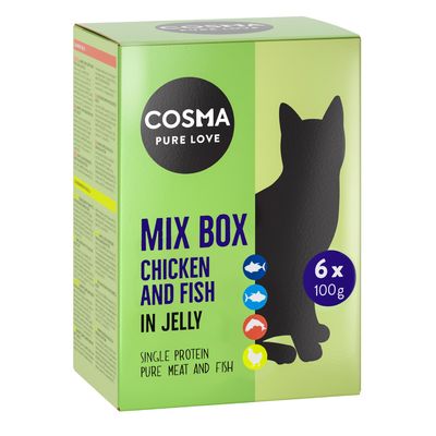 COSMA PURE LOVE Skipjack Tuna in Jelly, 6 x 100 g, single protein, pure fish feliratú zöld doboz fekete macska sziluettel