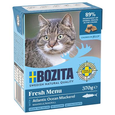 Bozita Fresh Menu atlanti-óceáni tőkehallal, 370g. 89% állati összetevő darabokban, Svédországban készült, gabonamentes, cukor és színezék nélkül.