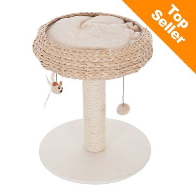 Cat scratching post with woven basket bed, beige cushion, sisal-wrapped post, round wooden base, hanging mouse and ball toys. Orange badge reads 'Top Seller' in top right corner.