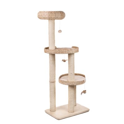 Cat tree with three levels made of sisal and woven material, including hanging toys such as mouse and ball.
