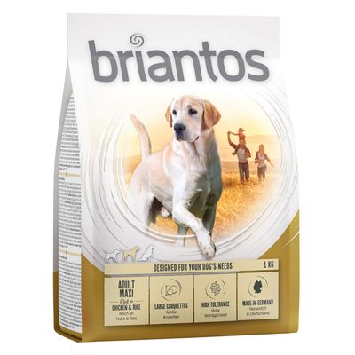 Briantos Adult Maxi, rico en pollo y arroz, croquetas grandes, alta tolerancia, fabricado en Alemania. Tamaño del paquete: 1 kg.