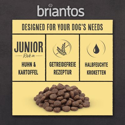 Briantos Junior pollo y patata, receta sin cereales, croquetas semihúmedas.