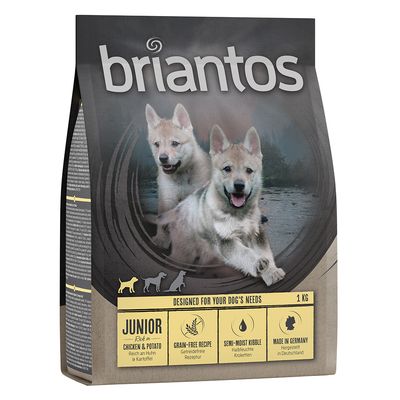 Briantos Junior, rico en pollo y patata, receta sin cereales, croquetas semihúmedas, fabricado en Alemania, 1 kg.