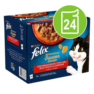 Purina felix Sensations Sauces válogatás, 24 tasakos csomag. GESCHMACKSVIELFALT VOM LAND, pulyka, marha, bárány, kacsa szósszal. Macska kép a dobozon.