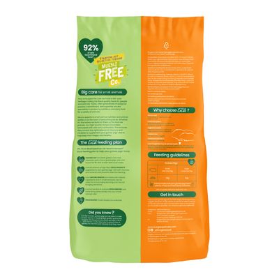 Back of pet food bag showing feeding guidelines, Excel feeding plan, key benefits, and contact information. Includes a muesli free label and nutritional advice for small animals.