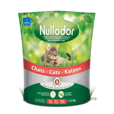 Nullodor geruchsbindende Streu für Katzen, 1,5 kg. 100% biologisch abbaubar, neutralisiert Gerüche, absorbiert Flüssigkeiten. Demavic Laboratoire.