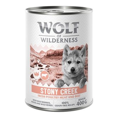 Wolf of Wilderness Stony Creek Junior, svježa perad i govedina, s divljim bobicama, korijenjem i biljem, 100% bez žitarica, 400g.