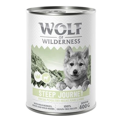 Wolf of Wilderness Steep Journey Junior, svježe meso peradi i janjetina, s divljim bobicama, korijenjem i biljem, 100% bez žitarica, konzerva 400g.