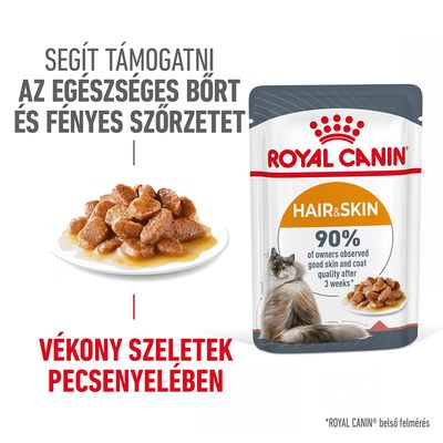 ROYAL CANIN Hair & Skin macskaeledel tasak, vékony szeletek pecsenyelében. Szöveg: Segít támogatni az egészséges bőrt és fényes szőrzetet. 90% jó bőr- és szőrminőség 3 hét után.