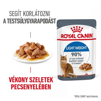 Royal Canin Light Weight macskaeledel, vékony szeletek pecsenyelében. Segít korlátozni a testsúlygyarapodást. 90% of cats achieved healthier weight in 8 weeks.