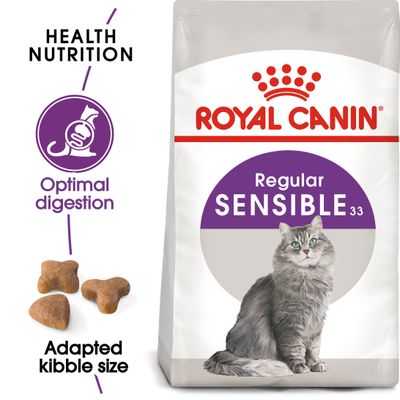 Product image showing Royal Canin Regular Sensible 33 with features: optimal digestion, adapted kibble size, and health nutrition highlighted.