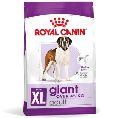 Royal Canin XL giant over 45 kg adult kutyatáp csomagolás, lila-fehér színben, egészséges ízületek és optimális vitalitás támogatása felirattal.