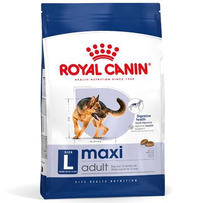 Royal Canin maxi adult kutyatáp, L méret, 26–44 kg, felnőtt kutyáknak 15 hónapos kortól. Digestive health, optimal health support feliratok láthatók a csomagoláson.