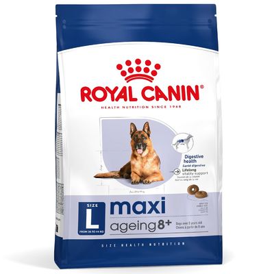 Royal Canin maxi L ageing 8+ kutyatáp, 26–44 kg-os nagytestű, 8 év feletti kutyáknak. Digestive health, lifelong vitality support feliratok láthatók a csomagoláson.