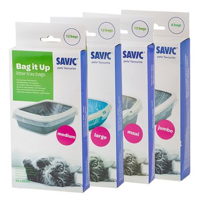 SAVIC Bag it Up alomtálca zsákok, méretek: medium, large, maxi, jumbo. Csomagonként 12 vagy 6 db. Látható macska és tálca képe a csomagoláson.