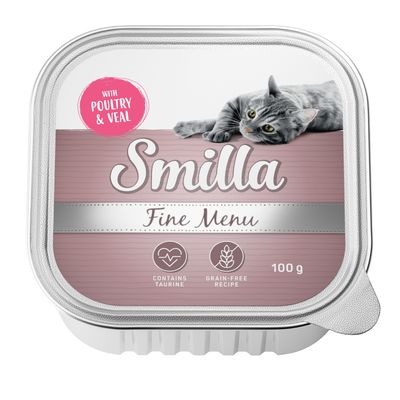 Smilla Fine Menu z drobiem i cielęciną, zawiera taurynę, bezzbożowa receptura, 100 g. Opakowanie przedstawia szarego kota.