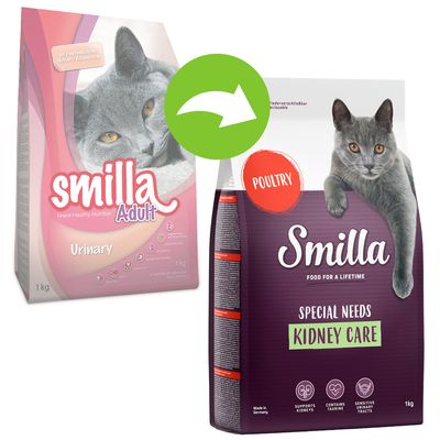 Promjena pakiranja: Smilla Adult Urinary 1 kg prelazi u Smilla Special Needs Kidney Care Poultry 1 kg. Obje ambalaže s prikazom sive mačke i istaknutim nazivima proizvoda.