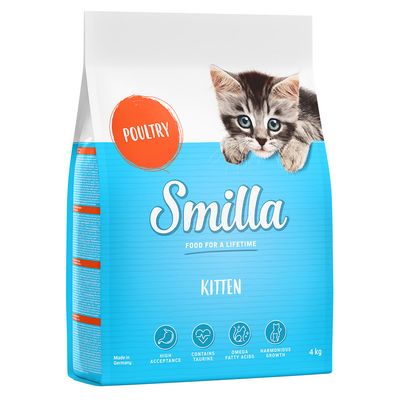 Smilla Kitten suha hrana s peradi, 4 kg. Sadrži taurin, omega masne kiseline, potiče uravnotežen rast. Proizvedeno u Njemačkoj.