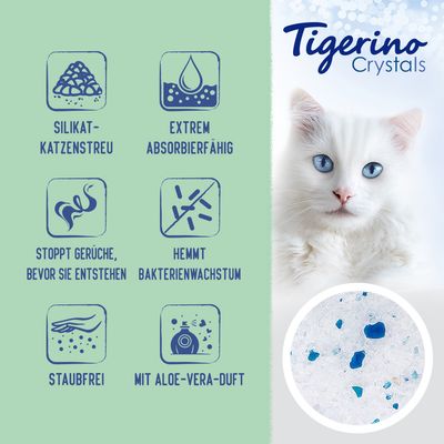 Tigerino Crystals Silikat-Katzenstreu: extrem absorbierfähig, stoppt Gerüche, hemmt Bakterienwachstum, staubfrei, mit Aloe-Vera-Duft.