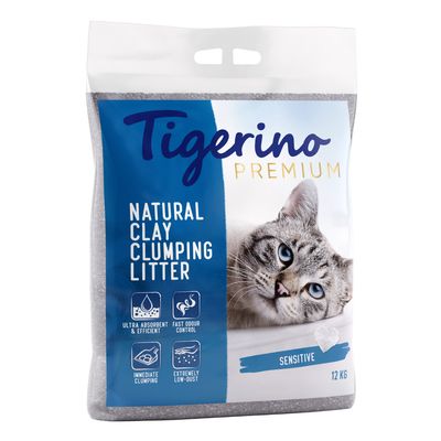 Tigerino Premium Natural Clay Clumping Litter, Sensitive, 12 kg. Ultra absorbent & efficient, fast odour control, immediate clumping, extremely low-dust.