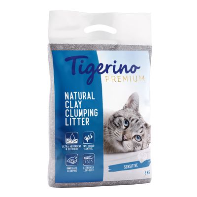 Tigerino Premium Natural Clay Clumping Litter, Sensitive, 12 kg. Ultra absorbent & efficient, fast odour control, immediate clumping, extremely low-dust.