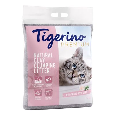 Tigerino Premium Natural Clay Clumping Litter, ultra absorbent, fast odour control, instant clumping, low dust, with White Rose scent, 12 kg.