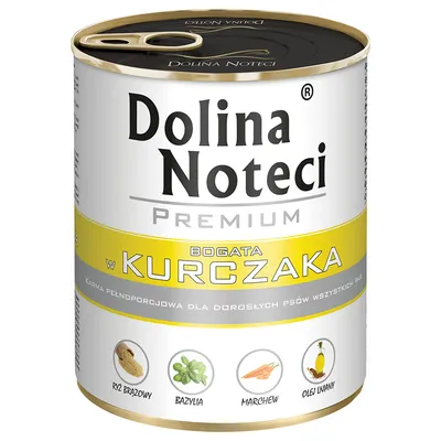 Dolina Noteci Premium, csirkehúsban gazdag. Teljes értékű eledel felnőtt kutyáknak barna rizzsel, bazsalikommal, sárgarépával és lenolajjal. Dolina Noteci Premium, csirkehúsban gazdag. Teljes értékű eledel felnőtt kutyáknak barna rizzsel, bazsalikommal, sárgarépával és lenolajjal.